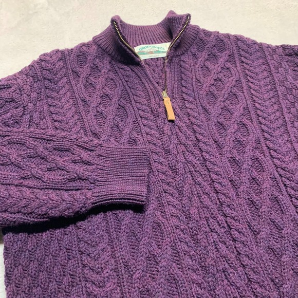 Aran Crafts Men L Purple Fisherman Cable Knit Chunky 1/4 Zip Sweater Merino Wool - Picture 1 of 6